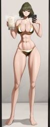 abs ass_visible_through_thighs bare_shoulders barefoot beer_mug bikini blue_eyes blush breasts cleavage collarbone cum cum_in_container cum_in_cup cup female full_body gold_bikini green_eyes grey_hair heterochromia highres holding holding_phone idolmaster idolmaster_cinderella_girls large_breasts mirror_selfie mole mole_under_eye mug navel open_mouth phone senju_(snz0) short_hair solo swimsuit takagaki_kaede thighs