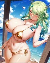 ai_generated areola_slip beach bikini ceres_fauna child_bearing_hips cleavage covered_nipples day gold_bikini golden_bikini golden_week green_hair hololive hololive_english hololive_english_-council- hololive_english_-promise- horn horns huge_ass huge_breasts imminent_sex large_breasts licking_lips navel ocean seductive seductive_look seductive_smile silvesta standing sweat thick_thighs venus_body virtual_youtuber vtuber water