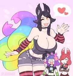 ! 2025 3girls ahri big_breasts bird bird_girl black_hair breasts chameleon chameleon_humanoid clothed clothed_female clothing female female_only fox fox_ears fox_girl fox_tail furry furry_female furry_only heart hourglass_figure league_of_legends looking_at_viewer neeko pale-skinned_female pale_skin riot_games splashbrush tagme thick_thighs tubetop vastaya watermark waving waving_at_viewer xayah yellow_eyes