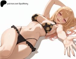 1girls ai_generated arm_behind_head armpit_crease armpits bikini black_bikini black_choker blonde_hair blush breasts choker earrings eyelashes feet_out_of_frame female floral_print hi_res high_quality high_resolution highres jewelry kitagawa_marin laughing legs_together light light_blush lips long_hair looking_at_viewer lying marin_kitagawa medium_breasts midriff my_dress_up_darling navel nose opal_nemy open_hand open_mouth outstretched_arm patreon patreon_logo patreon_url patreon_username pink_eyes pink_hair plain_background self_upload shadow simple_background sono_bisque_doll_wa_koi_wo_suru swimsuit teeth thick_thighs thighs watermark white_background
