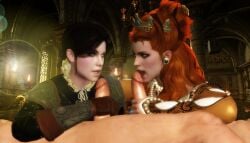 2boys 2girls 3d anna_henrietta black_hair blonde_hair cd_projekt_red clothing crown earrings female freckles licking_penis light-skinned_female light-skinned_male male mascara oral oral_sex penis penis_grab ratounador syanna the_witcher_(series) the_witcher_3:_wild_hunt
