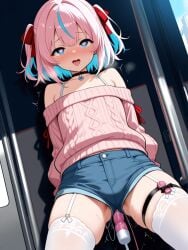 2boys ahe_gao ai_generated anal choker cum femboy heart_eyes public ribbons string_panties sweater thigh_strap thighhighs two_tone_hair vibrator vibrator_in_ass