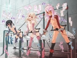 3girls ahe_gao anal black_hair bondage boots breasts chains chloe_von_einzbern clenched_teeth collar detached_sleeves fate/kaleid_liner_prisma_illya fate_(series) flat_chest fumihiro gloves highres illyasviel_von_einzbern long_hair miyu_edelfelt multiple_girls open_mouth pink_gloves pink_thighhighs ponytail purple_thighhighs pussy_juice red_eyes restrained ribbon sex_machine small_breasts spread_legs spreader_bar standing stationary_restraints stomach_bulge sweat teeth thighhighs toeless_legwear tongue twintails vaginal_penetration very_long_hair white_ribbon young