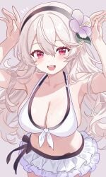 1girls bikini black_hairband blush breasts cleavage corrin_(female)_(fire_emblem) corrin_(female)_(novice_vacationer)_(fire_emblem) corrin_(female)_(summer)_(fire_emblem) corrin_(fire_emblem) corrin_(fire_emblem)_(female) female female_focus female_only fire_emblem fire_emblem_fates fire_emblem_heroes flower frilled_skirt front-tie_bikini grey_hair hair_between_eyes hair_flower hair_ornament hairband large_breasts long_hair looking_at_viewer midriff n_54 official_alternate_costume pointy_ears princess red_eyes royalty smile solo swimsuit thighs white_bikini white_hair