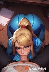 1boy 1girls ai_generated arched_back ass big_ass big_penis blonde_hair blowjob blue_eyes blush bodysuit clothed clothed_oral clothed_sex fellatio female female female_focus in_office indoors inside large_penis long_hair looking_at_viewer metroid nintendo office office_lady oral penis ponytail samus_aran sarahvividart seductive seductive_eyes seductive_look shiny_skin sucking sucking_penis tagme tight_clothing under_desk zero_suit_samus