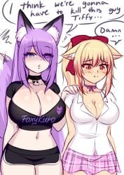 2girls blonde_hair blue_eyes booty_shorts cat_ears catgirl choker cleavage fox_ears fox_girl fox_tail foxykuro kuro_(foxykuro) looking_down original original_character original_characters purple_hair red_bow red_eyes red_highlights skirt tiffy