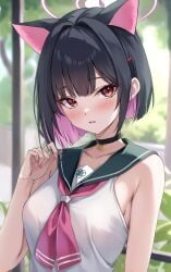 1girls animal_ears bad_id bad_twitter_id bare_arms bare_shoulders black_hair blue_archive blush breasts cat_ears colored_inner_animal_ears colored_inner_hair commentary extra_ears halo highres kazusa_(blue_archive) large_breasts looking_at_viewer marisasu_(marisa0904) multicolored_hair nail_polish parted_lips pink_hair pink_nails red_eyes school_uniform shirt short_hair sleeveless solo symbol-only_commentary two-tone_hair upper_body white_shirt