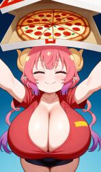 ai_generated curvy delivery_girl huge_breasts ilulu_(dragon_maid) miss_kobayashi's_dragon_maid pink_eyes pink_hair pizza shortstack