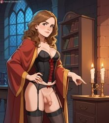 ai_generated boobly brown_hair candle corset futanari garter_belt harry_potter hermione_granger medium_breasts robe solo standing stockings