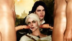 2boys 2girls 3d black_hair cd_projekt_red ciri clothing cum cum_on_face female freckles green_eyes imminent_oral light-skinned_female light-skinned_male male mascara penis penis_grab purple_eyes ratounador scar testicles the_witcher_(series) the_witcher_3:_wild_hunt white_hair witcher_medallion yennefer