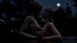 3d blonde_hair breasts brown_hair chloe_price exhunter female female/female female_focus female_only holding_hands life_is_strange life_is_strange:_before_the_storm naked naked_female nipples nude nude_female outdoors outside rachel_amber