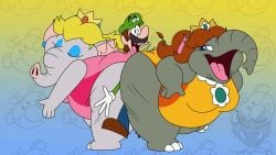 1boy 2girls 3_dog_band animated anthro anthro_on_anthro ass ass_crush bbw big_ass blonde_hair blue_overalls brown_hair clothing crown dumptruck_ass elephant elephant_daisy elephant_peach elephantid fat fat_ass fat_belly female gigantic_ass gloves green_hat green_shirt grey_body happy hat huge_ass jougidragon large_ass light-skinned_male light_skin luigi male male/female mammal mario_(series) nintendo obese obese_female open_mouth orange_swimsuit overweight overweight_female pink_swimsuit princess princess_daisy princess_peach royalty shirt straight super_mario_bros. super_mario_bros._wonder swimsuit tail thick_ass trunk white_gloves