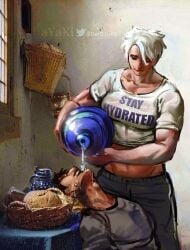 1girls abs ayaki777 bigger_female female fine_art_parody mommy muscle_girl muscle_mommy muscles muscular muscular_female oc original_character taller_female taller_girl tomboy white_hair