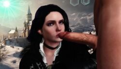 3d balls black_hair cd_projekt_red clothing female imminent_oral light-skinned_female light-skinned_male looking_at_viewer male mascara penis penis_grab purple_eyes ratounador testicles the_witcher_(series) the_witcher_3:_wild_hunt yennefer