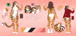 2020 alex_marx anthro ass bell bell_collar biped black_body black_fur black_stripes bottomless bottomless_female breasts brown_hair claws clothed clothing collar color_swatch countershade_face countershade_feet countershade_hands countershade_torso countershading digital_media_(artwork) digitigrade english_text eyebrows eyelashes fangs feet felid female finger_claws fingers fluffy fluffy_paws fluffy_tail footprint fur genitals green_collar green_eyes hair hi_res looking_at_viewer mammal markings model_sheet multicolored_body multicolored_fur nipples nude open_mouth orange_body orange_fur pantherine pawpads pawprint pawprint_(marking) paws pink_nose pink_pawpads pink_tongue prehistoric_species pussy saber-toothed_tiger sabertooth_(anatomy) smile smileeeeeee solo standing striped_body striped_fur stripes sweater tail tan_claws teeth text tiger toe_claws tongue tongue_out topwear turtleneck white_body white_countershading white_fur