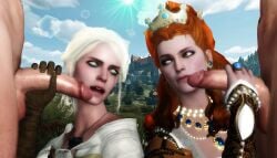 2boys 2girls 3d anna_henrietta blonde_hair cd_projekt_red ciri clothing crown earrings female freckles green_eyes imminent_oral light-skinned_female light-skinned_male male mascara penis penis_grab ratounador scar the_witcher_(series) the_witcher_3:_wild_hunt white_hair