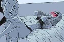 alien_girl confidential_drifter embarrassed grabbing_legs hands_over_face helmet hood laying_on_back laying_on_bed mask mass_effect panties quarian tali'zorah_nar_rayya thick_thighs thighs