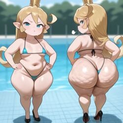 1female 1girls ai_generated ass_closeup ass_focus cellulite charlotta_fenia fat_ass front_and_back granblue_fantasy high_heels huge_ass medium_breasts micro_bikini pool poolside pout pouting shortstack small_breasts