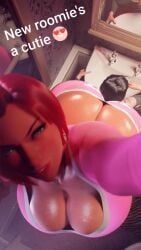 1boy1girl 3d animated ass_bigger_than_head ass_focus ass_jiggle ass_smothering bathroom dominant_female female female_on_male femdom green_eyes huge_ass humiliation jiggle_physics male red_hair roommates scrag_boy smothering text_on_clothing text_on_underwear