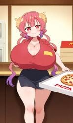 ai_generated curvy delivery_girl huge_breasts ilulu_(dragon_maid) miss_kobayashi's_dragon_maid pink_eyes pink_hair pizza shortstack