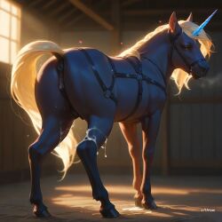 after_sex ai_generated anus artas9972 barn blonde_hair crotchboobs cum cum_on_leg equine equine_genitalia equine_pussy unicorn