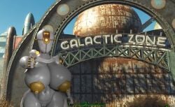 assaultron fallout fallout_4 glowing_eyes grey_skin huge_breasts huge_nipples huge_thighs mopflop_(artist) novatron nude_female nuka_world puffy_areola puffy_pussy robot robot_girl