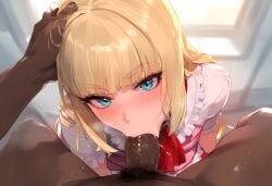 ai_generated axiah blonde_hair blowjob blowjob_face blue_eyes blush emilie_de_rochefort tekken tekken_8 touching_head