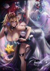 2018 2girls alternate_version_available arm_up artist_name axsens bent_over blonde_hair blue_eyes boo_(mario) boosette bowsette bracelet breast_press breasts breasts_on_back breasts_out breasts_pressed_against_partner collar collar_bell crown dress dress_down earrings elbow_gloves exposed_breasts exposed_pussy from_behind gloves grabbing grabbing_chest grabbing_from_behind highres horns indoors large_breasts long_hair looking_at_viewer mario_(series) multiple_girls new_super_mario_bros._u_deluxe nintendo nipples no_bra no_panties open_mouth partially_undressed patreon_logo patreon_username pendant pointy_ears ponytail pussy red_eyes smile spiked_bracelet spiked_collar spikes stained_glass super_crown super_mario_bros. uncensored web_address white_hair yuri