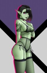 1girls 2d asymmetrical_hair azala_frostreaver black_hair black_lipstick bob_cut breasts choker digital_media dtiys ear_piercing earrings elf_ears fanart female female_only fishnet_stockings fishnets green_skin highres lingerie lingerie_only medium_breasts mercuryred nose_ring orc orc_female piercings red_eyes see-through self-upload septum_piercing side_shave sideboob solo tattoo tribal_tattoo tusks