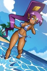 1girls beach big_breasts breasts cameltoe chacrawarrior clouds dark-skinned_female female genie_girl long_hair midriff ocean outdoors ponytail sea shantae shantae_(character) solo solo_female swimsuit