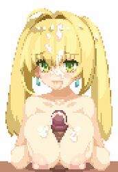 1boy 1girls animated areolae blonde_hair blush breasts closed_eyes collarbone cum cum_on_breasts earrings ejaculation erection facial fate/extra fate/grand_order fate_(series) female green_eyes kunabishi large_breasts looking_at_viewer lowres nero_claudius_(fate) nero_claudius_(swimsuit_caster) nipples paizuri penis pixel_art pov red_background straight tongue tongue_out topless twintails ugoira upper_body