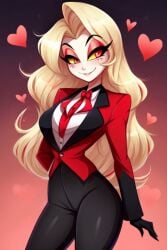 ai_generated black_pants blonde_female blonde_hair charlie_morningstar charlie_morningstar_(hazbin_hotel) chest cocky69 cute_eyes cute_face cute_girl eyelashes female girl hazbin_hotel red_clothing red_eyes smile smiling thick_thighs thighs