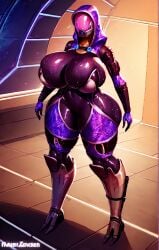ai_generated black_armwear black_eyebrows black_eyelashes black_lingerie blurry_background cleavage colored_skin faceless female freckles_on_ass garter_straps gauntlets heat huge_ass huge_breasts lace_panties legwear looking_at_viewer mass_effect nipples pale_skin purple_skin quarian steam stockings surikat sweaty tali'zorah_nar_rayya thick_thighs