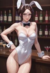 ai_generated bar blue_eyes brown_hair bunny_ears bunny_girl bunnysuit devil_may_cry dmc:_devil_may_cry fishnet_pantyhose kat_(devil_may_cry) leotard looking_at_viewer seductive short_hair smile white_bunnysuit white_leotard