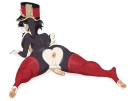 anthro ass balls black_body blue_eyes blush butt_heart clothing genitals hat headgear headwear hi_res honkai:_star_rail lagomorph leporid long_ears looking_at_viewer looking_back male mammal mihoyo penis pom-pom_(honkai:_star_rail) rabbit rear_view short_tail size_difference small_penis smaller_male solo tail thick_thighs yamorio