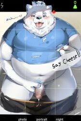 2025 anthro belly big_belly black_nose bodily_fluids canid canine canis clothed clothing cum cum_on_face domestic_dog erection fur genital_fluids genitals hi_res kemono lifewonders live_a_hero male mammal moobs nipples open_mouth overweight overweight_male partially_clothed penis shirt solo topwear underwear underwear_down white_body white_fur yeminthura29985 yohack