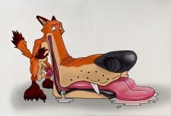 anthro big_feet big_nose bodily_fluids claws disney drooling erection feet fur genitals green_eyes hi_res huge_feet humanoid_genitalia hyper hyper_feet hyper_snout lips male nick_wilde orange_body orange_fur saliva solo solo_male surprise thick_lips thyusername toe_claws zootopia