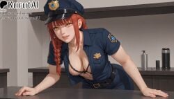 1girls ai_generated artist_name artist_signature black_belt bra braid breasts chainsaw_man cleavage hat hi_res high_resolution highres kurutai leaning_forward long_hair looking_at_viewer makima_(chainsaw_man) open_clothes open_shirt parted_lips patreon police police_hat police_uniform policewoman red_hair shirt smile solo teeth uncensored underwear uniform yellow_eyes