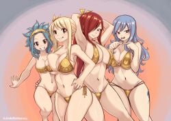 4girls bikini blonde_hair blue_hair blush brown_eyes cleavage erza_scarlet fairy_tail gold_bikini huge_breasts joshdinobarney juvia_lockser large_breasts levy_mcgarden lucy_heartfilia multiple_girls red_hair voluptuous