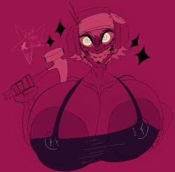 areolae big_breasts breasts c'venash_vishneri crazy_eyes crazy_smile helmet huge_areolae huge_breasts massive_areolae massive_breasts nip_slip nipples nipples_visible_through_clothing psychopomp_(fading_club) queen_of_venus_(psychopomp) tanktop venus_(psychopomp) voidstarluz