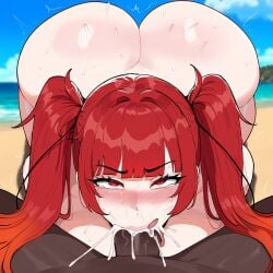 1boy 1girls ai_generated ass azur_lane big_breasts breasts cum cum_in_mouth dark-skinned_male enormous_breasts fellatio female female_focus honolulu_(azur_lane) huge_ass huge_breasts large_breasts light-skinned_female long_hair looking_pleasured naked naked_female nude nude_female red_eyes red_hair thick_thighs thighs twintails wide_hips