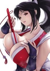 1girls alternate_hair_color between_breasts black_hair breasts brown_eyes cleavage ema_(emaura) fatal_fury female_focus hand_fan holding holding_fan large_breasts lips long_hair mai_shiranui no_bra parted_lips ponytail shiranui_mai smile snk solo the_king_of_fighters