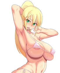 1girls abs arm_up armpits belly big_breasts bikini blonde_hair breasts darkness_(konosuba) eyelashes female female_only green_eyes hairclip human kono_subarashii_sekai_ni_shukufuku_wo! large_breasts long_hair looking_down nagasode_(48789563) navel nipples nude open_mouth ponytail side-tie_bikini standing sweat thin_waist wet white_background