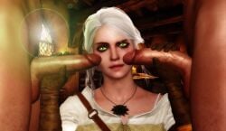 2boys 3d cd_projekt_red ciri clothing female freckles green_eyes imminent_oral light-skinned_female light-skinned_male looking_at_viewer male mascara penis penis_grab ratounador scar the_witcher_(series) the_witcher_3:_wild_hunt white_hair witcher_medallion