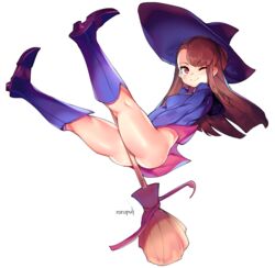 akko_kagari artist_name ass atsuko_kagari blush bottomless broom brown_hair female hat highres kagari_atsuko legs legs_up little_witch_academia looking_at_viewer midair one_eye_closed red_eyes roropull signature simple_background solo thighs white_background witch_hat