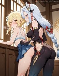 2girls ai_assisted ai_generated ass ass_focus big_breasts blonde_hair breast_curtains breasts clothing femdom genshin_impact imminent_sex lightomen lumine_(genshin_impact) shenhe_(genshin_impact) skirt skirt_lift sports_bra teasing white_hair yuri