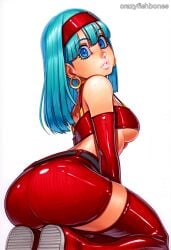 ass blue_eyes bra_(dragon_ball) breasts crazyfishbones female gloves long_hair looking_at_viewer looking_back solo thighhighs