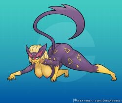 all_fours ass big_breasts blonde_hair breasts cat_ears cat_girl cat_tail catgirl crawling crouching crouching_female dex_appeal feline feline_humanoid fur generation_5_pokemon green_eyes liepard markings monster_girl multicolored_body nintendo nipples nude nude_female pokemon pokemon_(species) pokemorph purple_body purple_fur solo_female spots spotted_body spotted_fur tail yellow_body yellow_fur