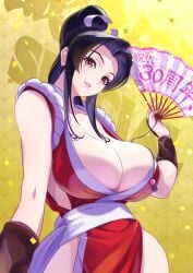 breasts brown_hair cleavage collarbone confetti dress ema_(emaura) fatal_fury female folding_fan hair_ribbon hand_fan huge_breasts long_hair looking_at_viewer mai_shiranui milestone_celebration parted_lips ponytail red_dress red_eyes ribbon shiranui_mai sleeveless sleeveless_dress smile snk solo teeth the_king_of_fighters war_fan wristband