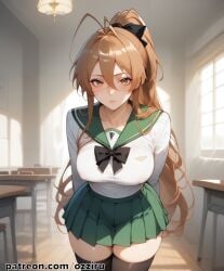 absurd_res ai_generated anime brown_hair female hi_res highres highschool_of_the_dead long_hair miyamoto_rei ozziru patreon ponytail rei_miyamoto school_uniform schoolgirl self_upload uncensored